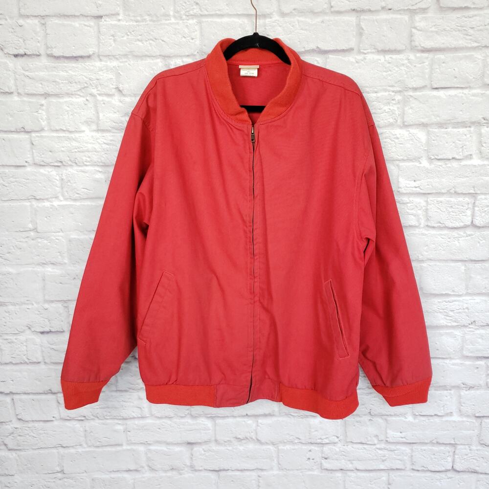 Vintage LL Bean Red Cotton Canvas Bomber Chore Jacket Zip Front Size Large